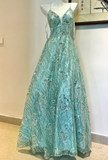 Blue Spaghetti Strap A-Line Long Prom Dresses, Backless Formal Dresses HZ1024