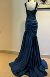 Sweetheart Mermaid Satin Sequin Long Prom Dresses, Navy Blue Formal Evening Dresses HZ1024