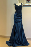 Sweetheart Mermaid Satin Sequin Long Prom Dresses, Navy Blue Formal Evening Dresses HZ1024
