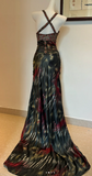 V neck Sheath Satin Beaded Long Prom Dresses, Pleated Formal Evening Dresses HZ1024
