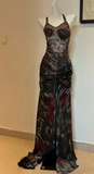 V neck Sheath Satin Beaded Long Prom Dresses, Pleated Formal Evening Dresses HZ1024