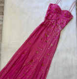 Spaghetti Strap Sheath Beaded Chiffon Long Prom Dresses, Hot Pink Formal Evening Dresses HZ1024
