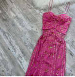 Spaghetti Strap Sheath Beaded Chiffon Long Prom Dresses, Hot Pink Formal Evening Dresses HZ1024
