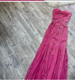 Spaghetti Strap Sheath Beaded Chiffon Long Prom Dresses, Hot Pink Formal Evening Dresses HZ1024