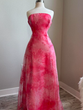 Strapless A-Line Printed Tulle Long Prom Dresses, Pink Formal Evening Dresses HZ1024