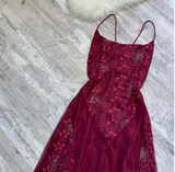 Spaghetti Straps Sheath Chiffon Embroidery Applique Long Prom Dresses, Rust Red Formal Evening Dresses HZ1024