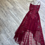Spaghetti Straps Sheath Chiffon Embroidery Applique Long Prom Dresses, Rust Red Formal Evening Dresses HZ1024