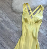 A-Line Yellow Formal Dresses, V Neck A-Line Long Guest Dresses, Open Back Evening Gowns HZ1024