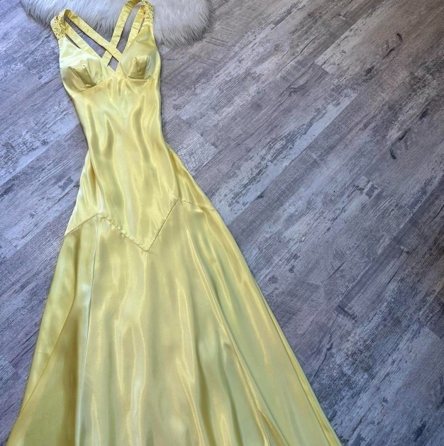 A-Line Yellow Formal Dresses, V Neck A-Line Long Guest Dresses, Open Back Evening Gowns HZ1024