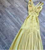 A-Line Yellow Formal Dresses, V Neck A-Line Long Guest Dresses, Open Back Evening Gowns HZ1024