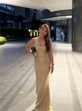 Halter Sheath Satin Long Prom Dresses, Champagne Formal Evening Dresses HZ1024