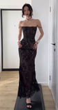 Spaghetti Straps Lace Birthday Dresses Sheath Long Prom Dresses, Black Formal Evening Dresses HZ1024