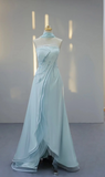 Strapless A-line Satin Long Prom Dresses, Pale Blue Formal Evening Dresses HZ1024
