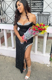 Off Shoulder Sheath Sequined Long Prom Dresses With Slit, Black Formal Dresses HZ1024