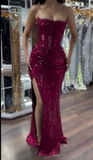 Strapless Sheath Sequined Long Prom Dresses, Hot Pink Evening Dresses HZ1024
