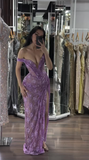Off-Shoulder Sheath Tulle Applique Long Prom Dresses, Purple Evening Dresses with Slit HZ1024