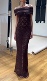 Off-Shoulder Sheath Lace New Year Prom Dresses, Chocolate Evening Dresses HZ1024