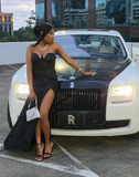 Sweetheart Neck Sheath Tulle Prom Dresses With Slit, Black Evening Dresses HZ1024