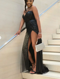 Sweetheart Neck Sheath Tulle Prom Dresses With Slit, Black Evening Dresses HZ1024