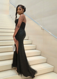 Sweetheart Neck Sheath Tulle Prom Dresses With Slit, Black Evening Dresses HZ1024