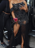 Off-Shoulder Sheath Tulle Appliqued Long Prom Dresses With Slit, Black Evening Dresses HZ1024