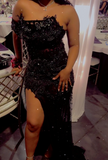 Off-Shoulder Sheath Tulle Appliqued Long Prom Dresses With Slit, Black Evening Dresses HZ1024