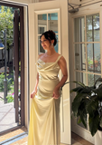 Satin Sheath Wedding Guest Dresses, Pale Yellow Evening Dresses HZ1024