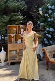 Satin Sheath Wedding Guest Dresses, Pale Yellow Evening Dresses HZ1024