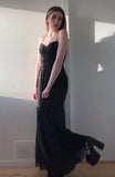 Spaghetti Strap Sheath Chiffon Prom Dresses, Black Formal Dresses HZ1024