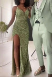 Spaghetti Straps Sheath Sequins Long Green Prom Dresses with Slit HZ1024