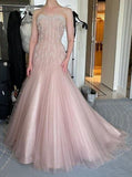 Strapless Mermaid Tulle Prom Dresses Blush Pink Long Evening Dresses HZ1024