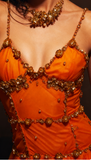 Spaghetti Straps Sheath Beaded Tulle Prom Dresses Orange Long Evening Dresses HZ1024