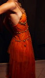 Spaghetti Straps Sheath Beaded Tulle Prom Dresses Orange Long Evening Dresses HZ1024
