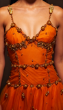 Spaghetti Straps Sheath Beaded Tulle Prom Dresses Orange Long Evening Dresses HZ1024