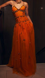 Spaghetti Straps Sheath Beaded Tulle Prom Dresses Orange Long Evening Dresses HZ1024