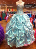 Sweetheart Neck Ball Gown Taffeta Beaded Long Prom Dresses Quinceanera Dresses Blue Sweet 16 Dress HZ1024