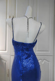 Spaghetti Strap Sheath Sequin Long Prom Dresses Blue Formal Evening Dresses HZ1024