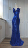 Spaghetti Strap Sheath Sequin Long Prom Dresses Blue Formal Evening Dresses HZ1024