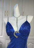 Spaghetti Strap Sheath Sequin Long Prom Dresses Blue Formal Evening Dresses HZ1024