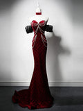 Sweetheart Neck Velvet Beads Long Prom Dress Burgundy Wedding Guest Dress Pretty Birthday Dress HZ1024
