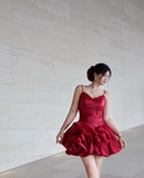 Birthday Dresses V-neck Ball Gown Satin Short Prom DressesBurgundy Homecoming Dresses HZ1024