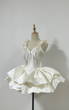 V neck Ball Gown Satin Birthday Dresses Ivory Homecoming Dresses HZ1024