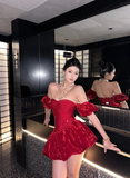 Off-the-shoulder Velvet Short Ball Gown Red New Year's Eve Dress Homecoming Dresses HZ1024