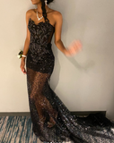 Strapless Sheath Long Prom Dresses with Appliques Tulle Black Formal Dresses HZ1024