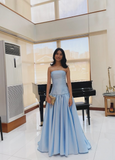 Blue Formal Dresses Strapless Satin Long Prom Dresses Sheath Evening Dresses HZ1024