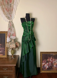 Green Formal Dresses Spaghetti Straps Ruffles Long Prom Dresses Sheath Evening Dresses HZ1024