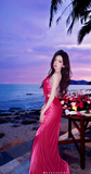 Hot Pink Long Formal Dresses, Spaghetti Strap Mermaid Prom Dresses, Open Back Evening Dresses HZ1024