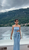 Blue Long Formal Dresses, Strapless Pleated Prom Dresses, Sheath Evening Dresses HZ1024