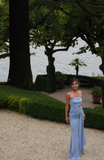 Blue Long Formal Dresses, Strapless Pleated Prom Dresses, Sheath Evening Dresses HZ1024