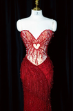 Sweetheart Mermaid Long Prom Dresses Beaded Tulle Evening Dresses Burgundy Formal Dresses HZ1024